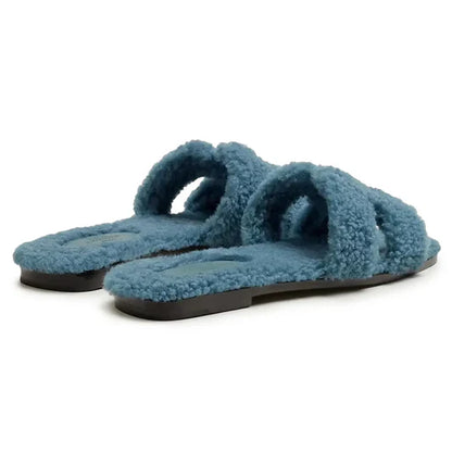 Hermès Paris Oran Blue Shearling Sandals