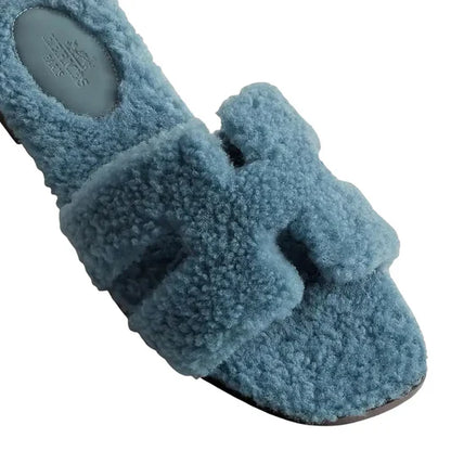 Hermès Paris Oran Blue Shearling Sandals